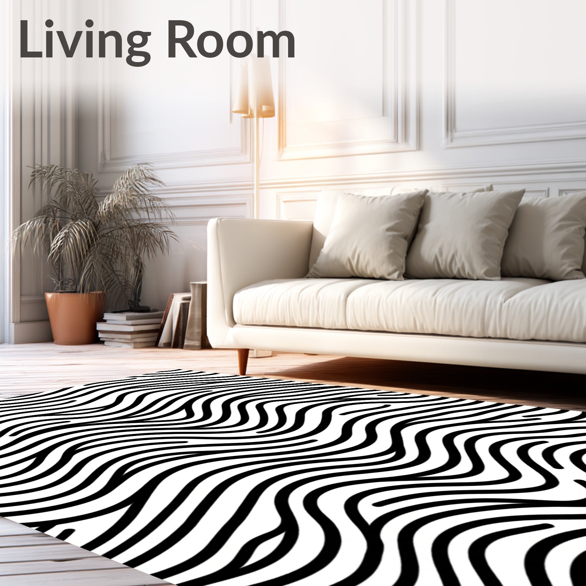Black White Wavy Lined Pattern Rug
