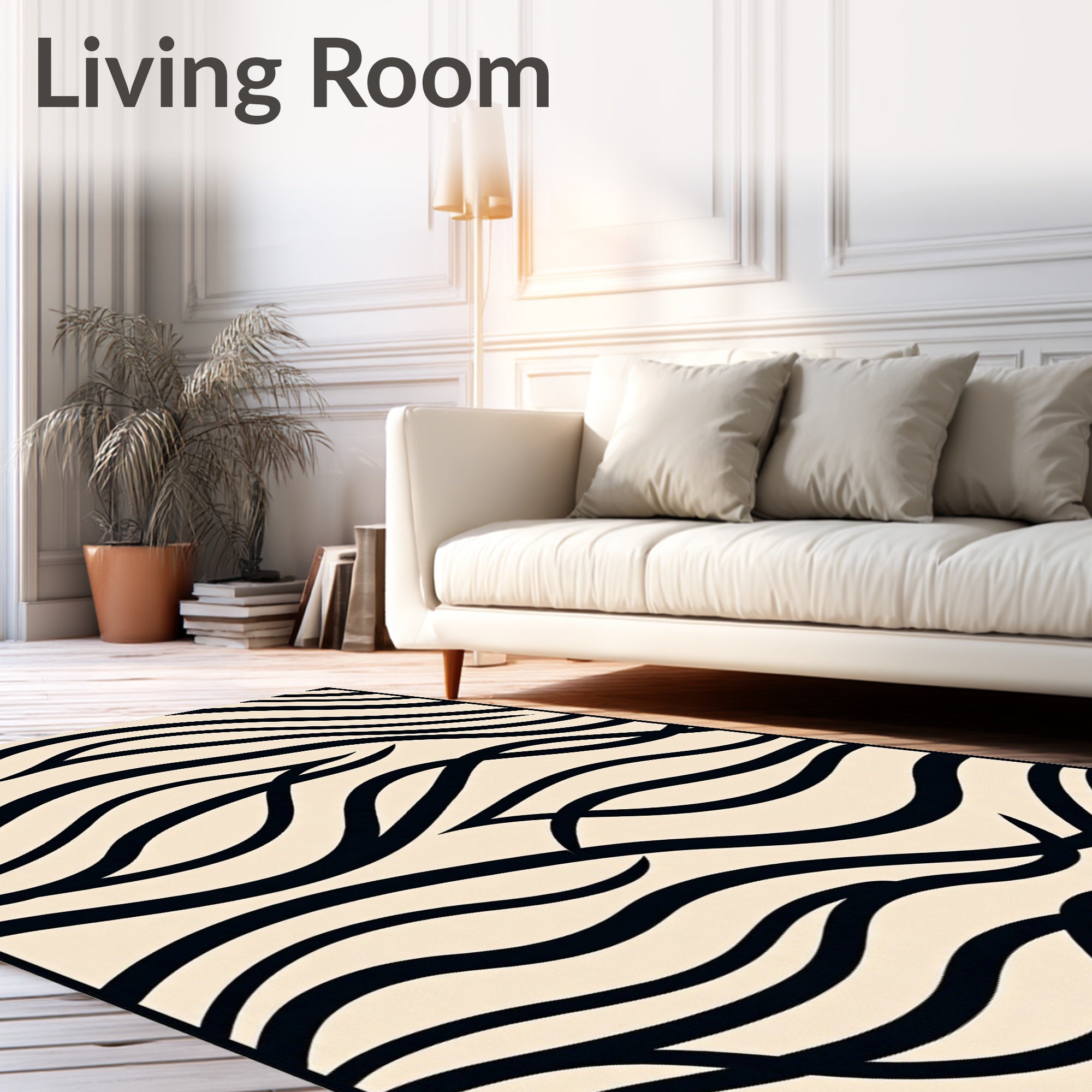 Cream Black Abstract Wavy Strokes Rug