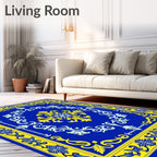 Royal Blue Yellow Floral Pattern Rug
