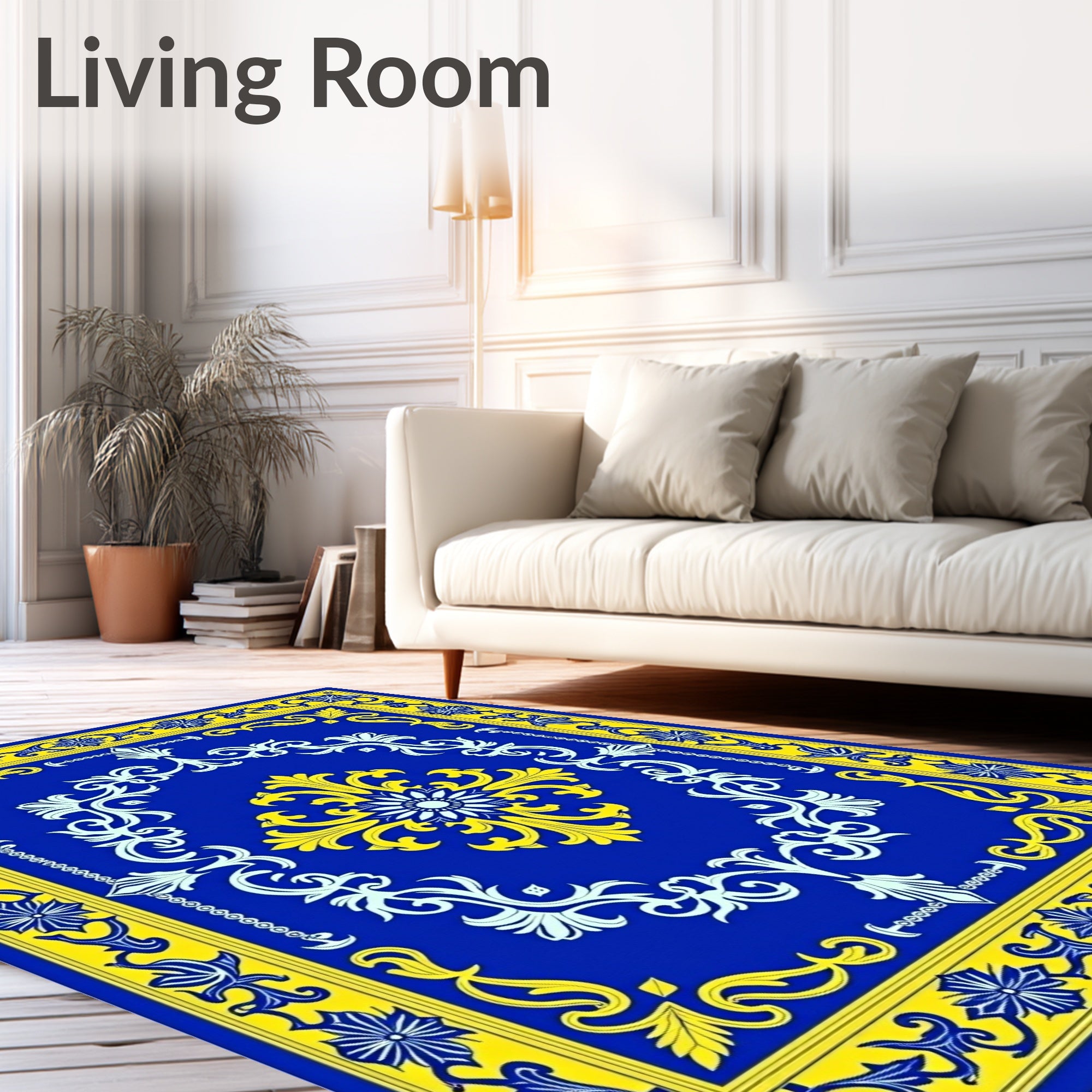 Royal Blue Yellow Floral Pattern Rug