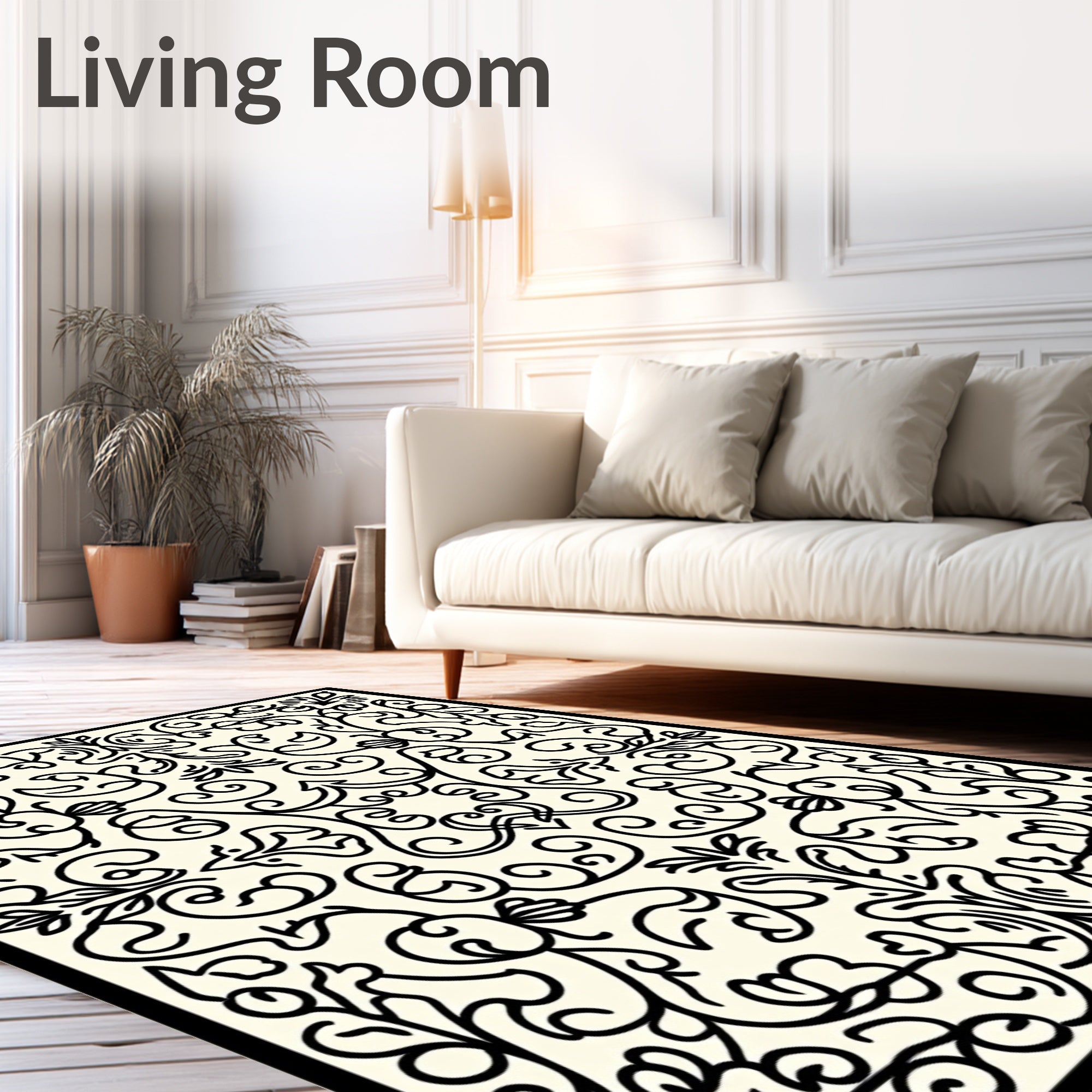 Elegant Black Floral Swirls Relief Rug