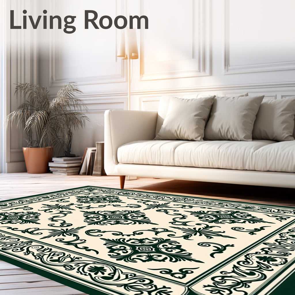 Ornate Dark Green Damask Pattern Rug
