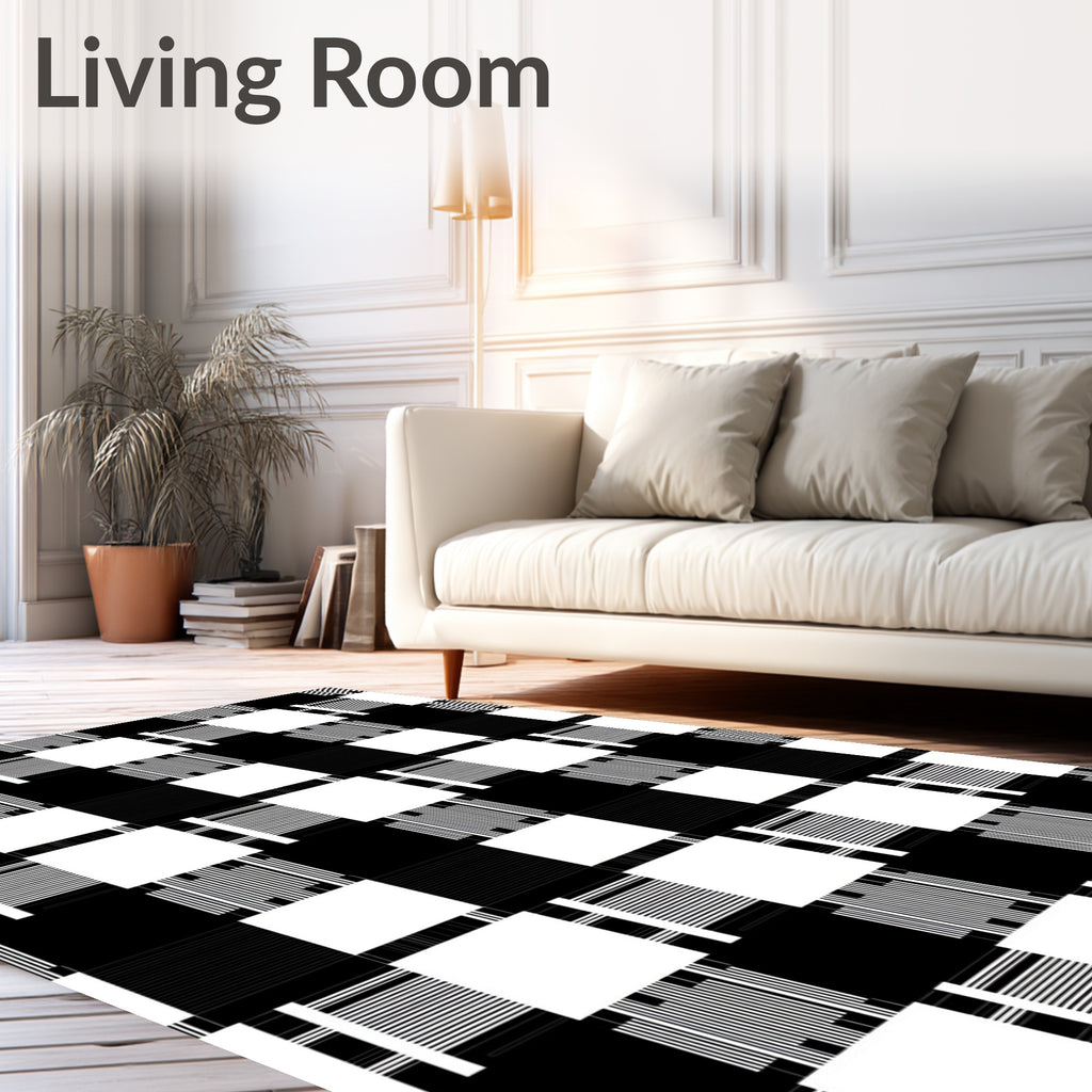 Bold Black White Stripe Square Pattern Rug