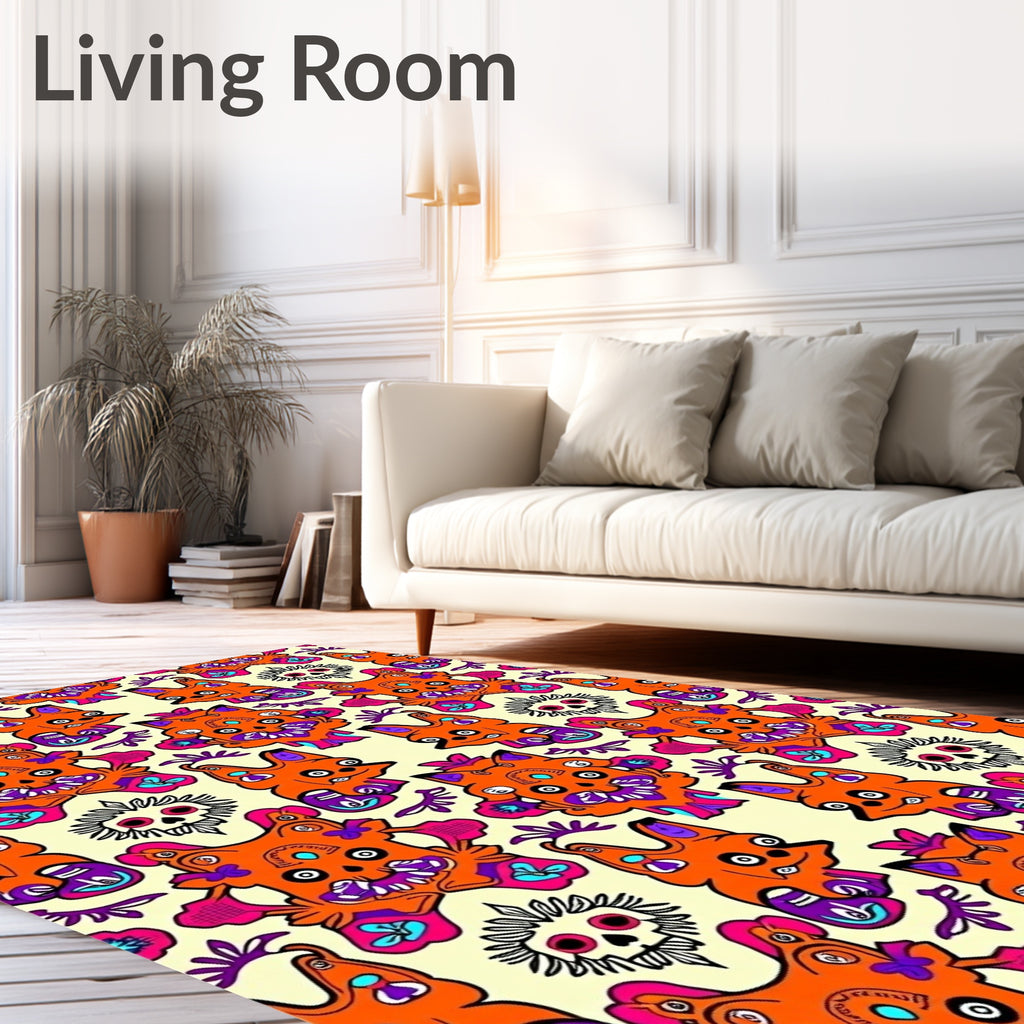 Vibrant Orange Skull Fox Pattern Rug