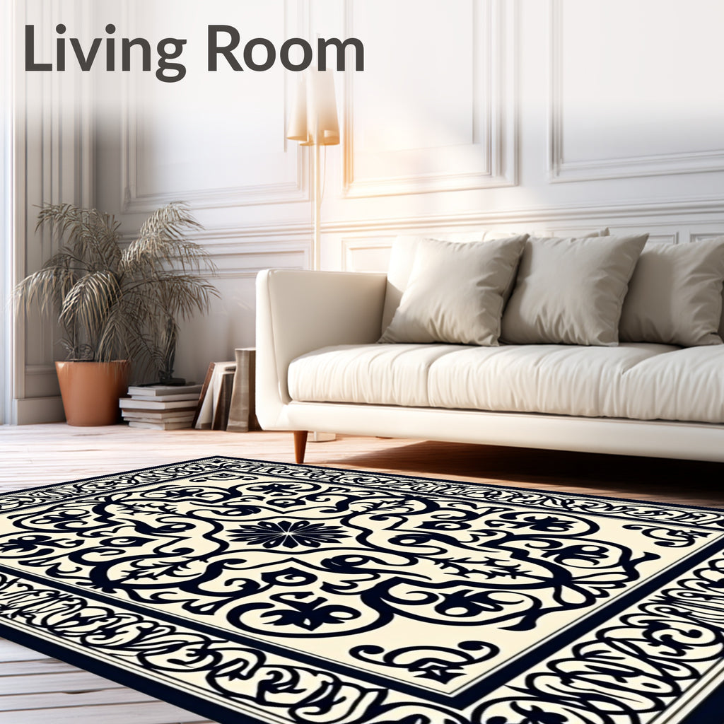 Ornate Black Cream Floral Swirl Rug