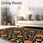 Coral Orange Floral Black Garden Rug