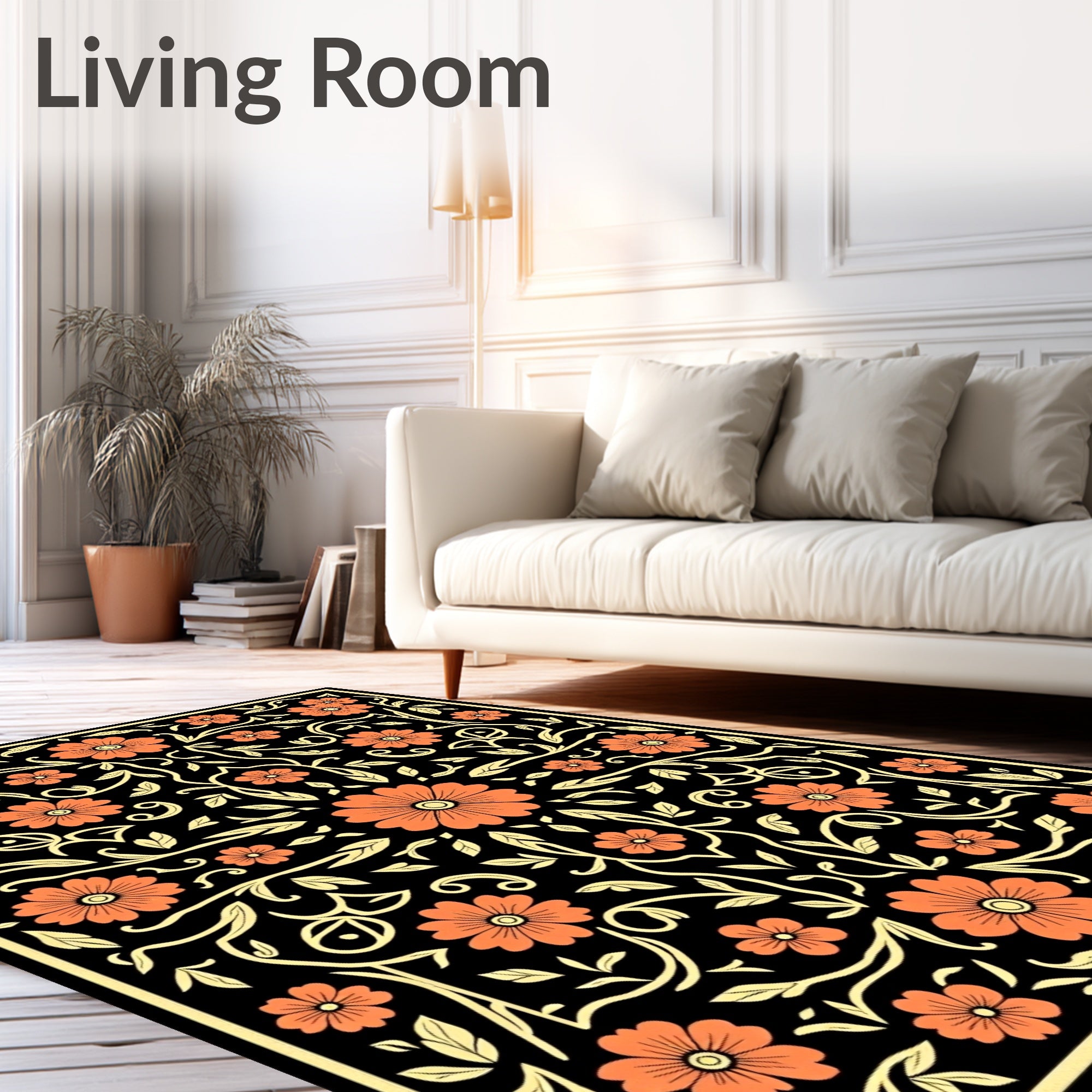 Coral Orange Floral Black Garden Rug