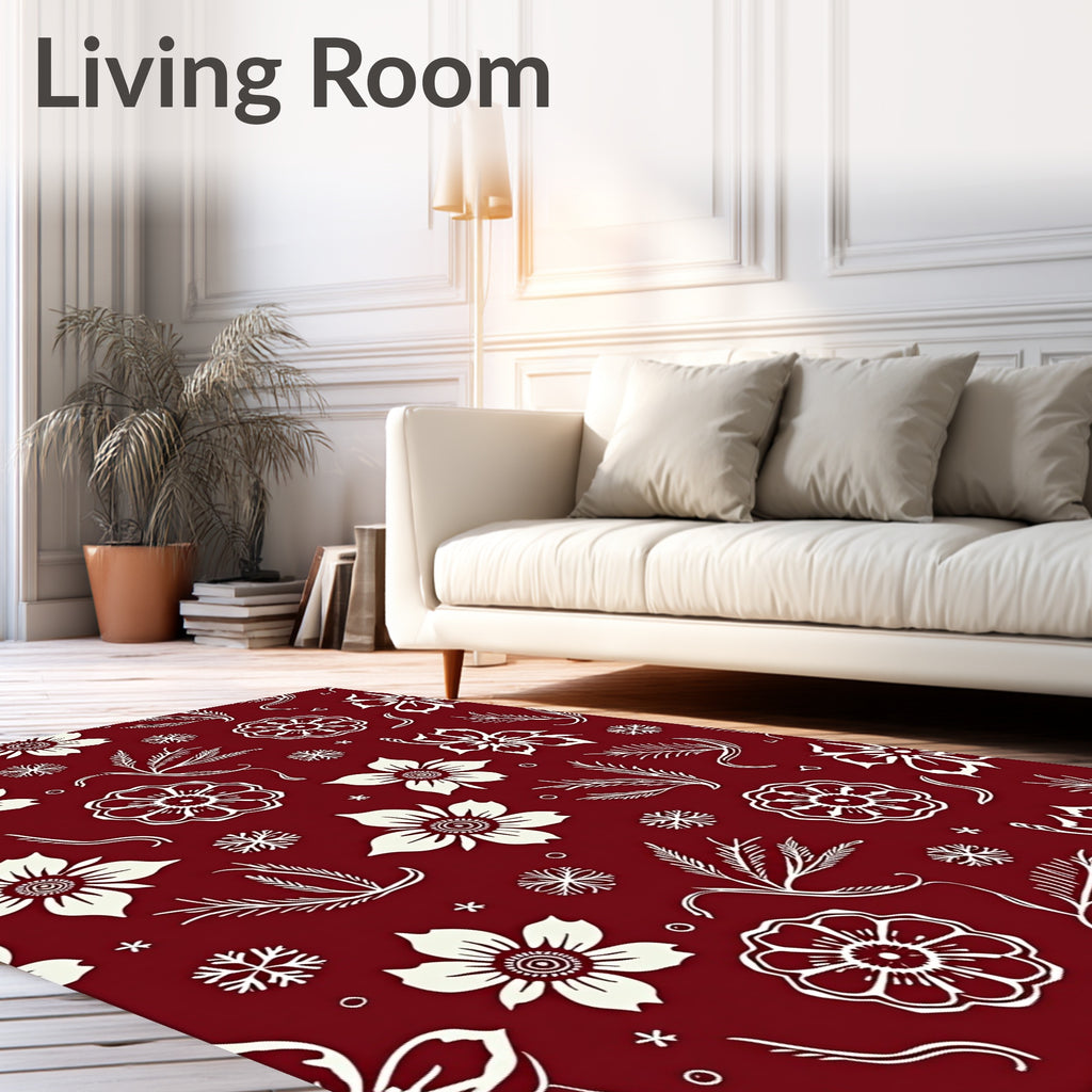 Crimson Floral And Snowflake Pattern Rug