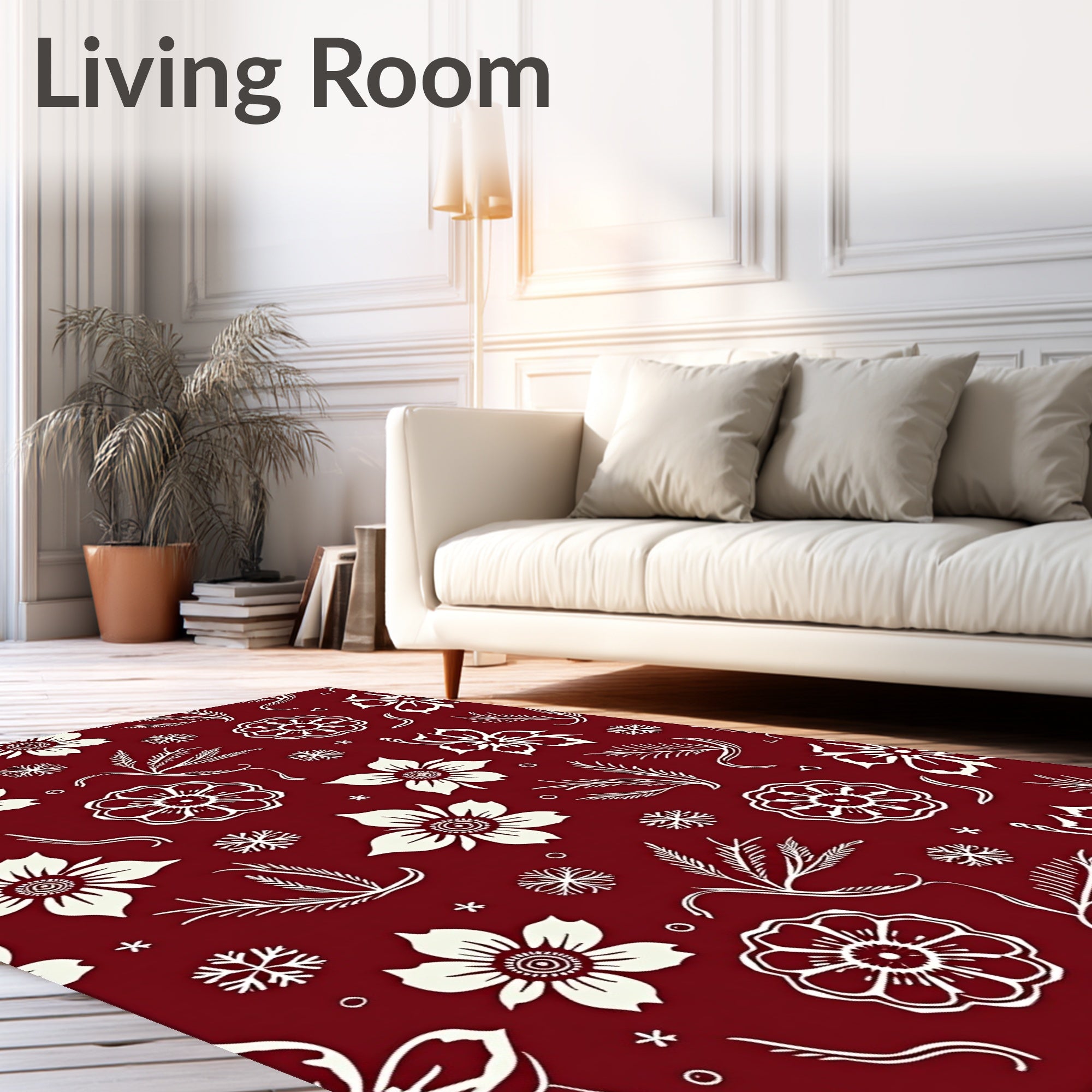 Crimson Floral And Snowflake Pattern Rug