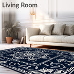 Dark Blue White Floral Mandala Textile Rug
