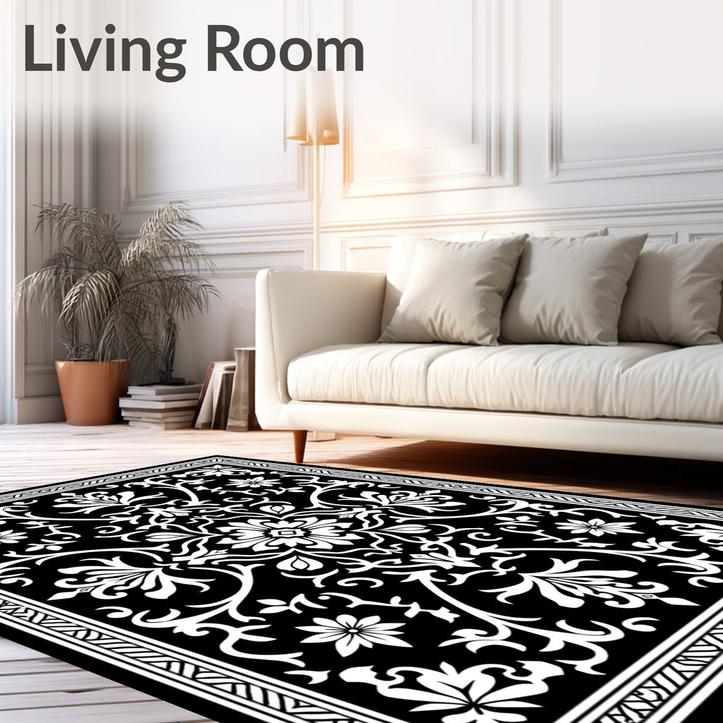 Black White Damask Floral Scroll Pattern Rug