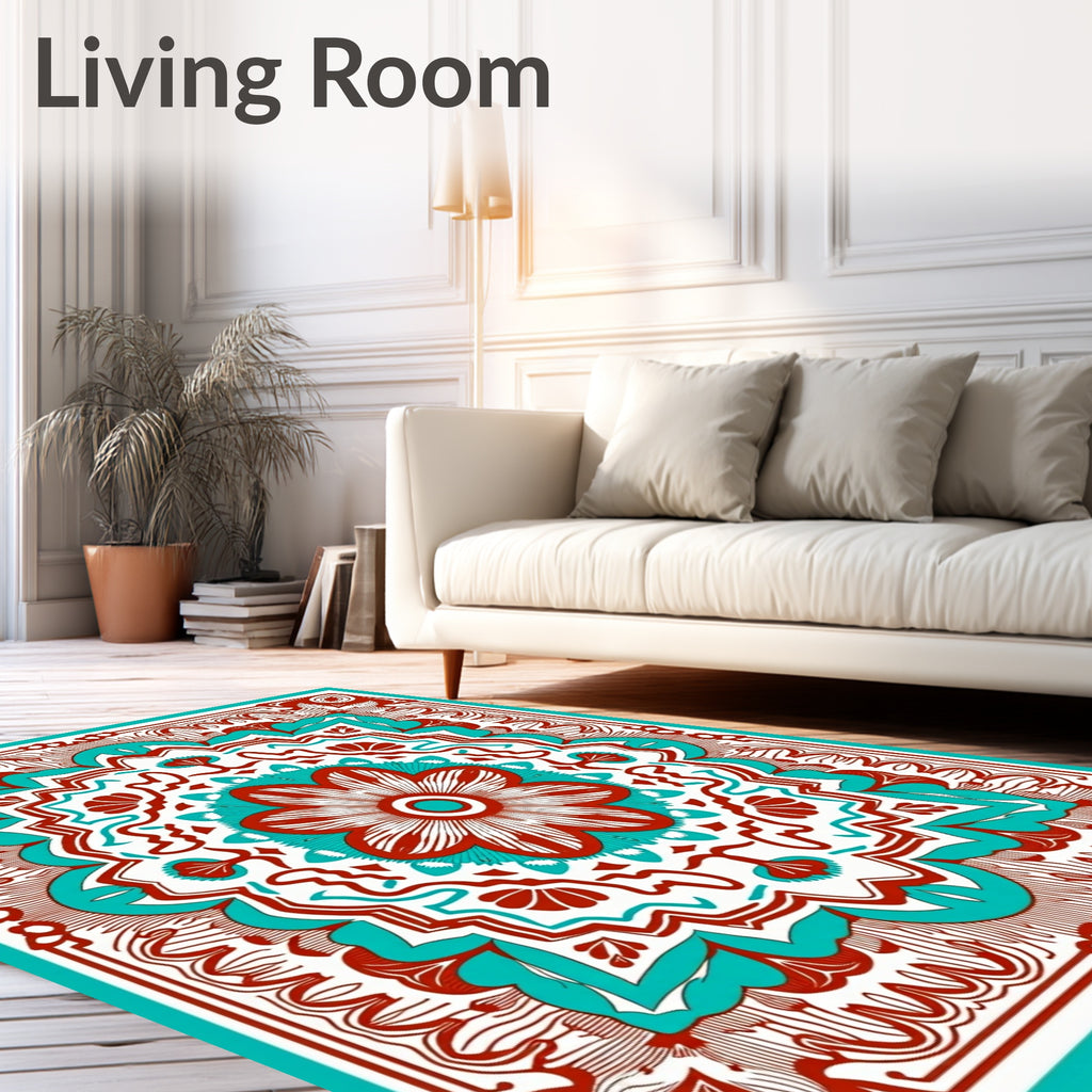 Ornate Red Teal Mandala Design Rug