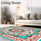 Ornate Red Teal Mandala Design Rug