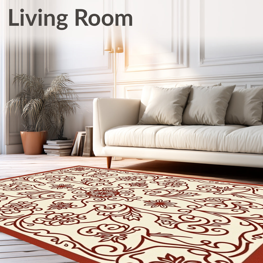 Elegant Red Floral Vine Swirl Rug