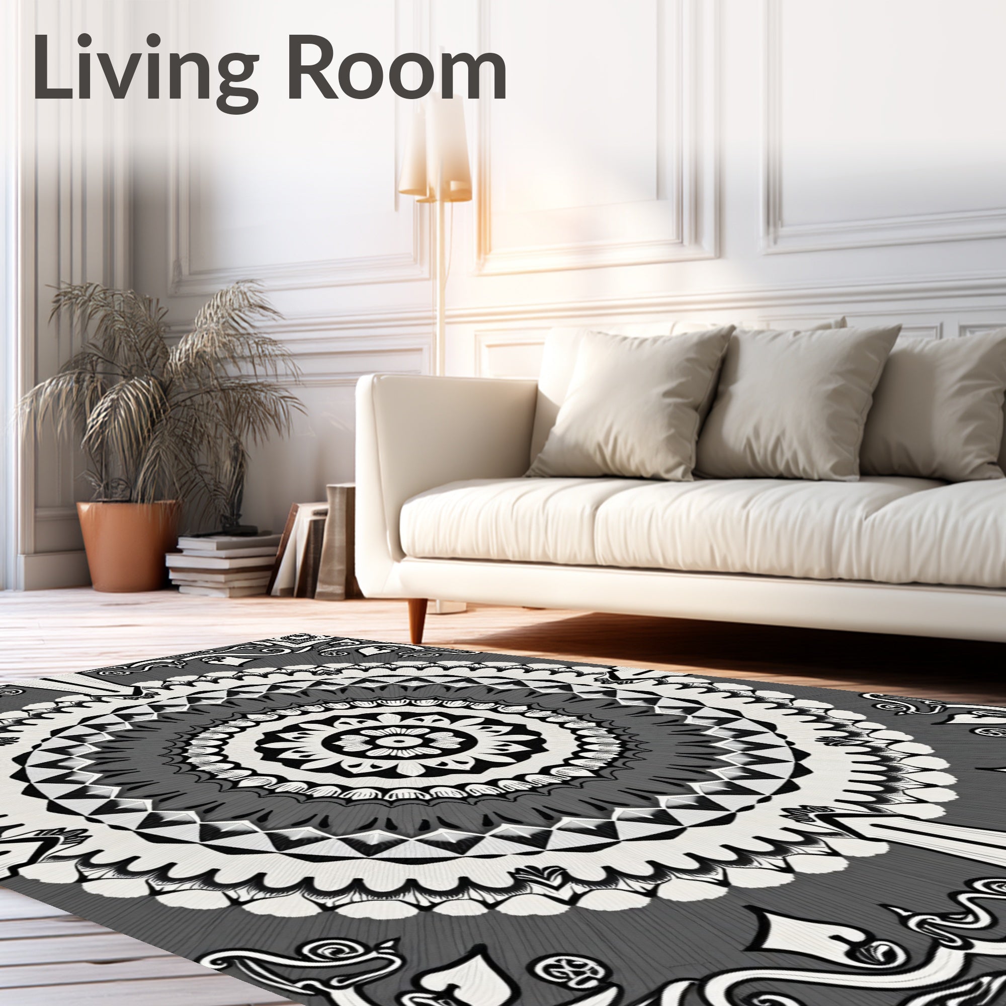 Monochromatic Intricate Radial Floral Design Rug