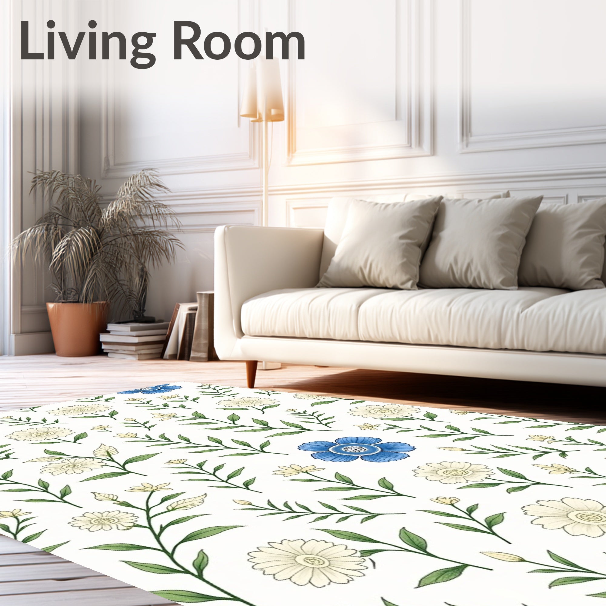 Delicate Blue Cream Floral Sprig Pattern Rug