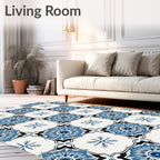 Blue Floral Medallion Tile Pattern Rug