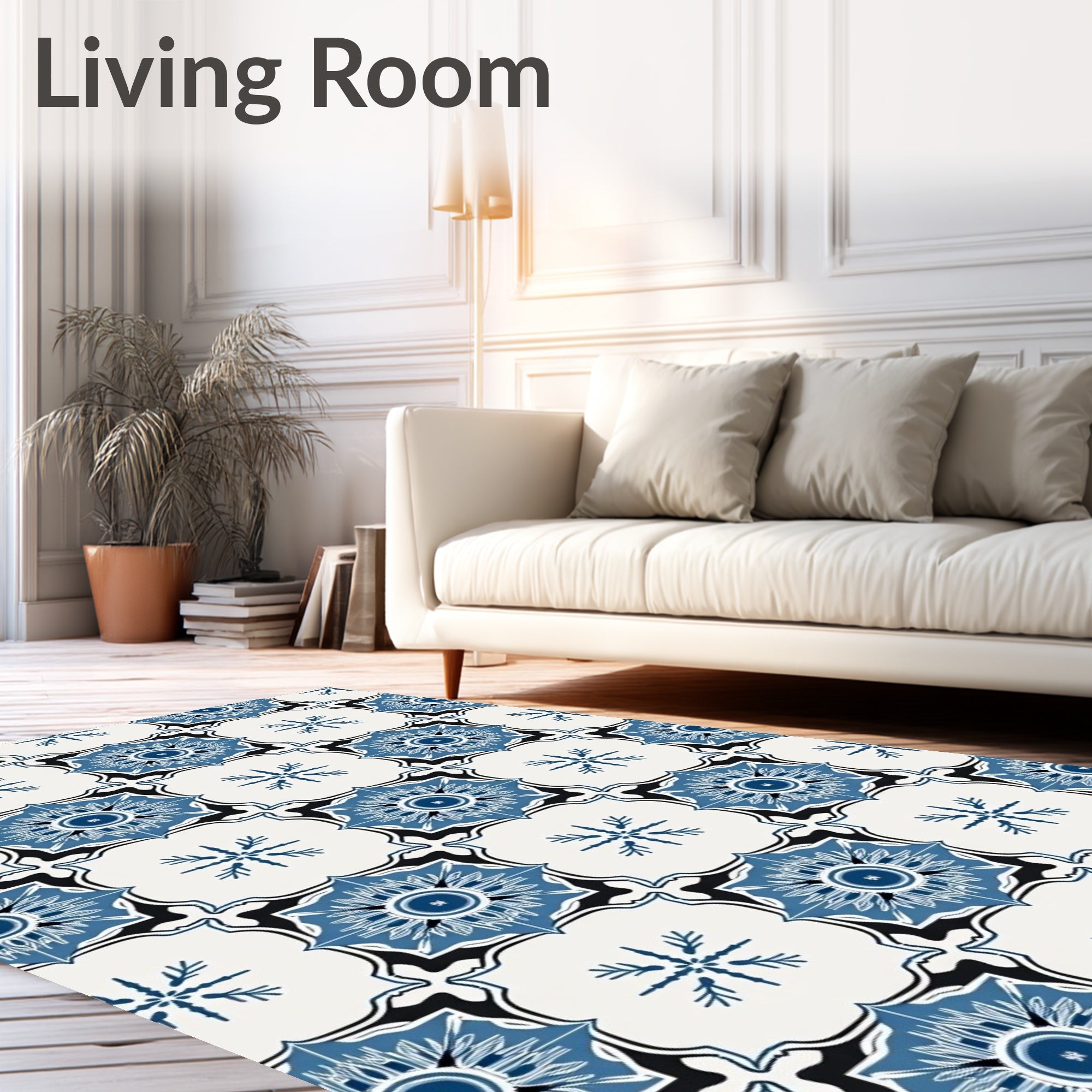 Blue Floral Medallion Tile Pattern Rug