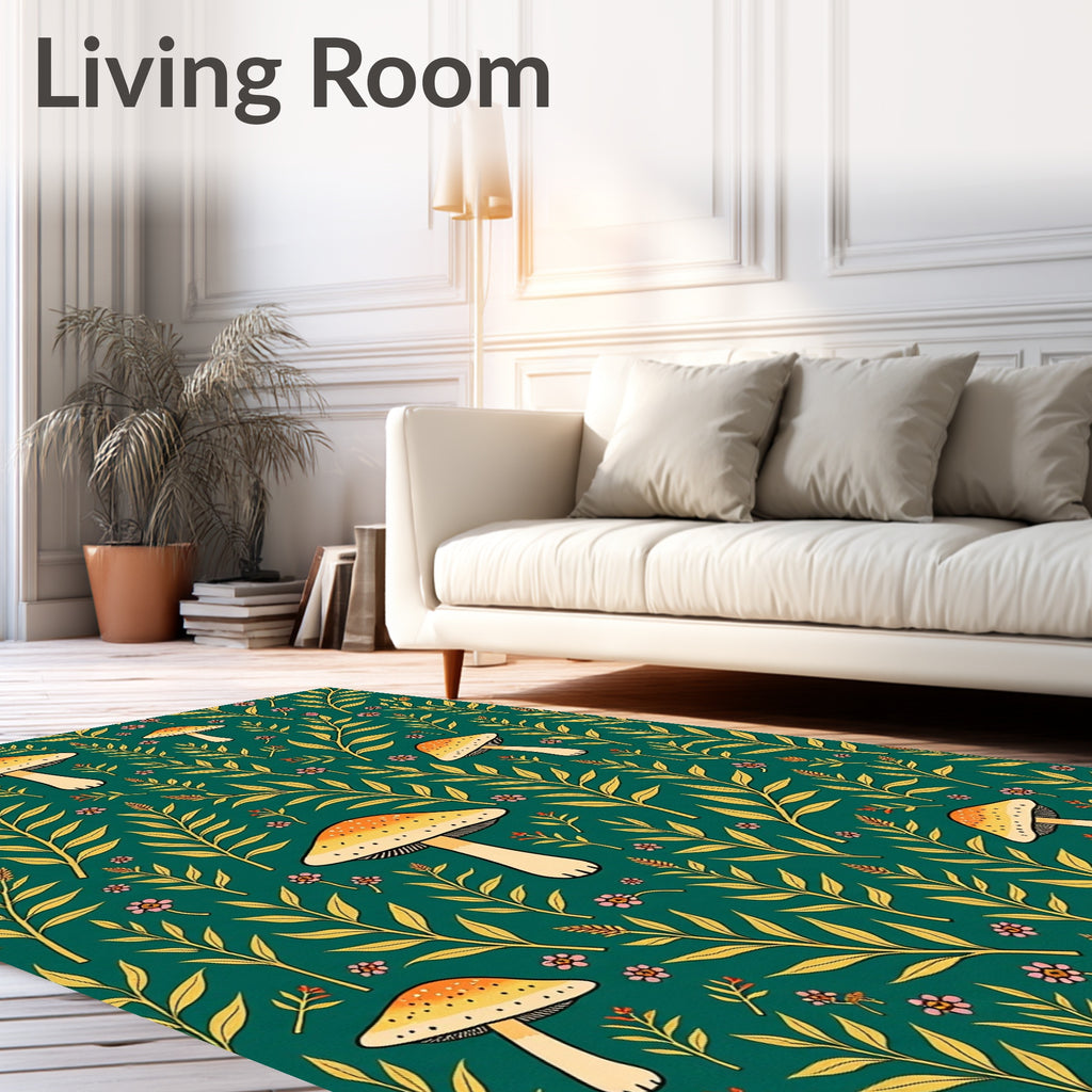 Golden Mushroom Forest Whimsical Rug