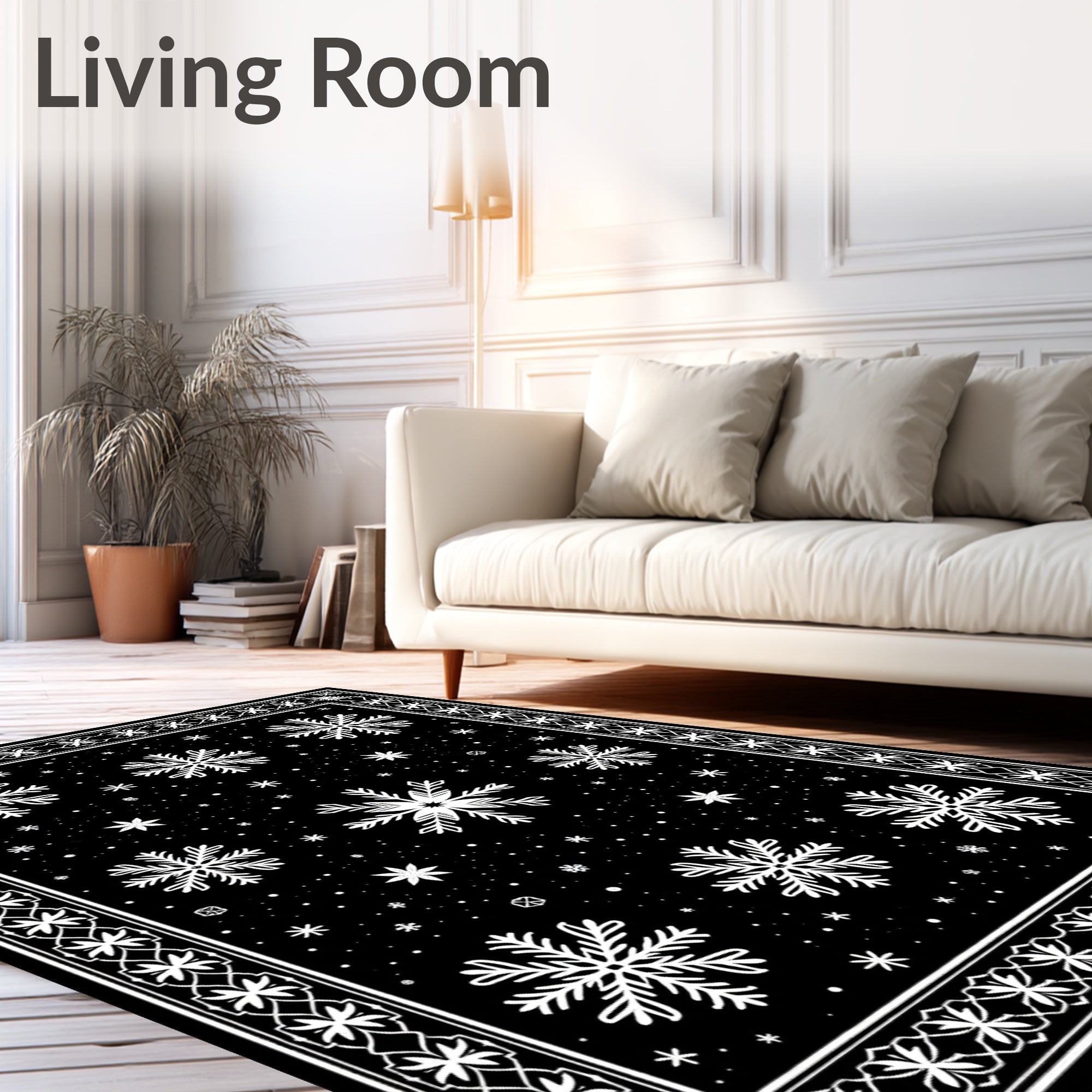 Black White Snowflake Border Garland Rug
