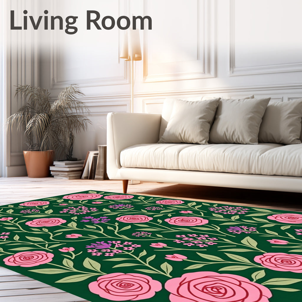 Pink Roses Greenery Floral Pattern Rug