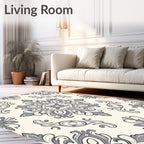Ornate Grey Floral Damask Pattern Rug