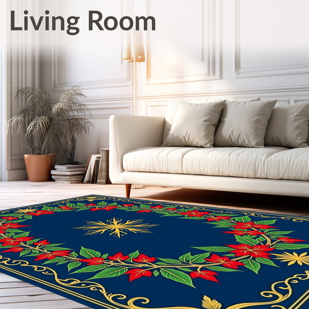 Ornate Floral Border Dark Blue Rug