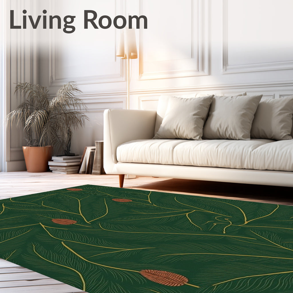 Deep Green Floral Branch Pattern Rug