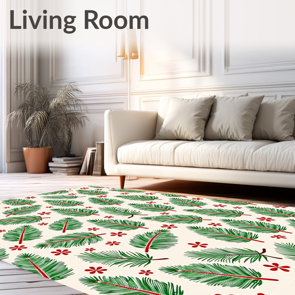 Green Pine Sprig Red Flower Pattern Rug