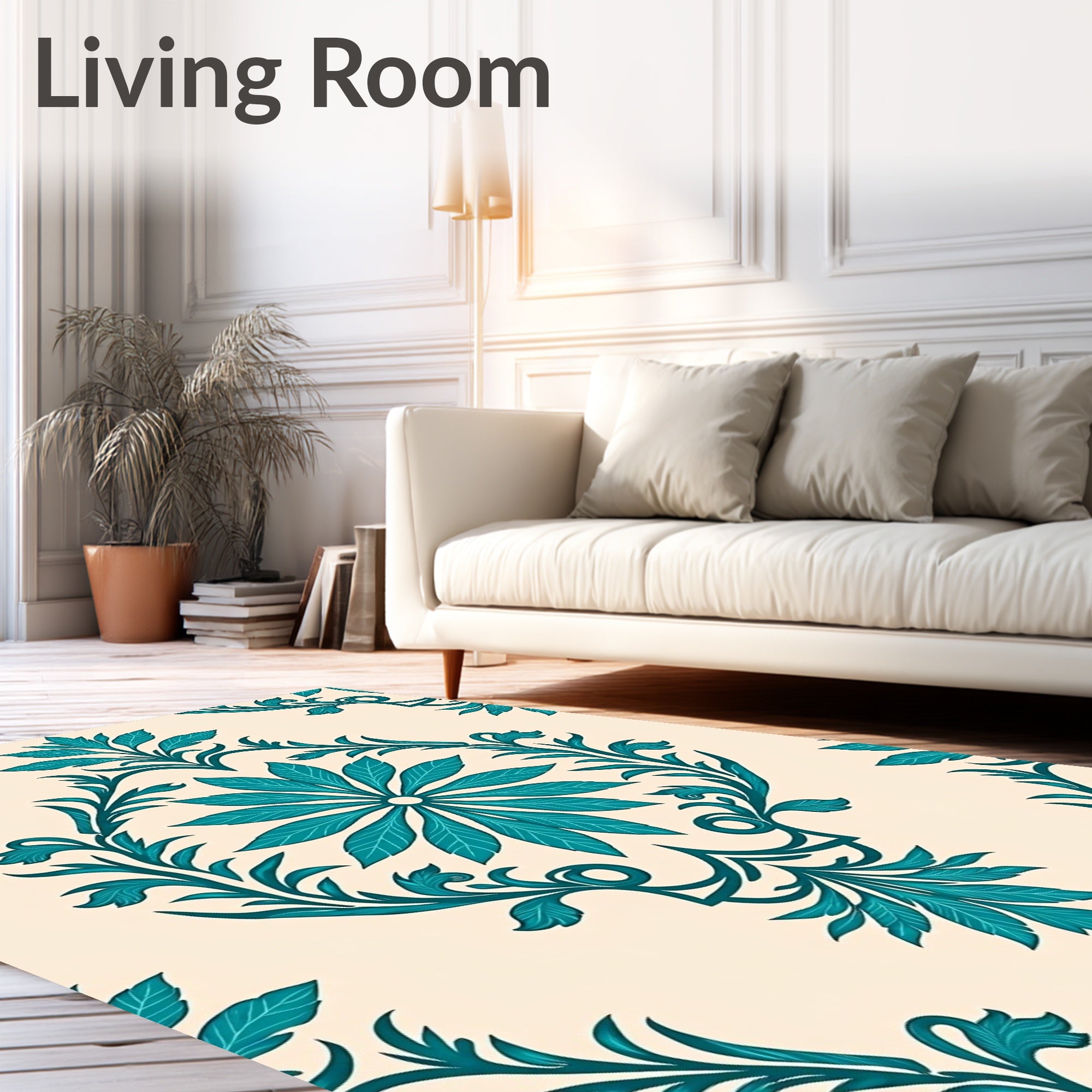 Teal Cream Floral Pattern Design Rug