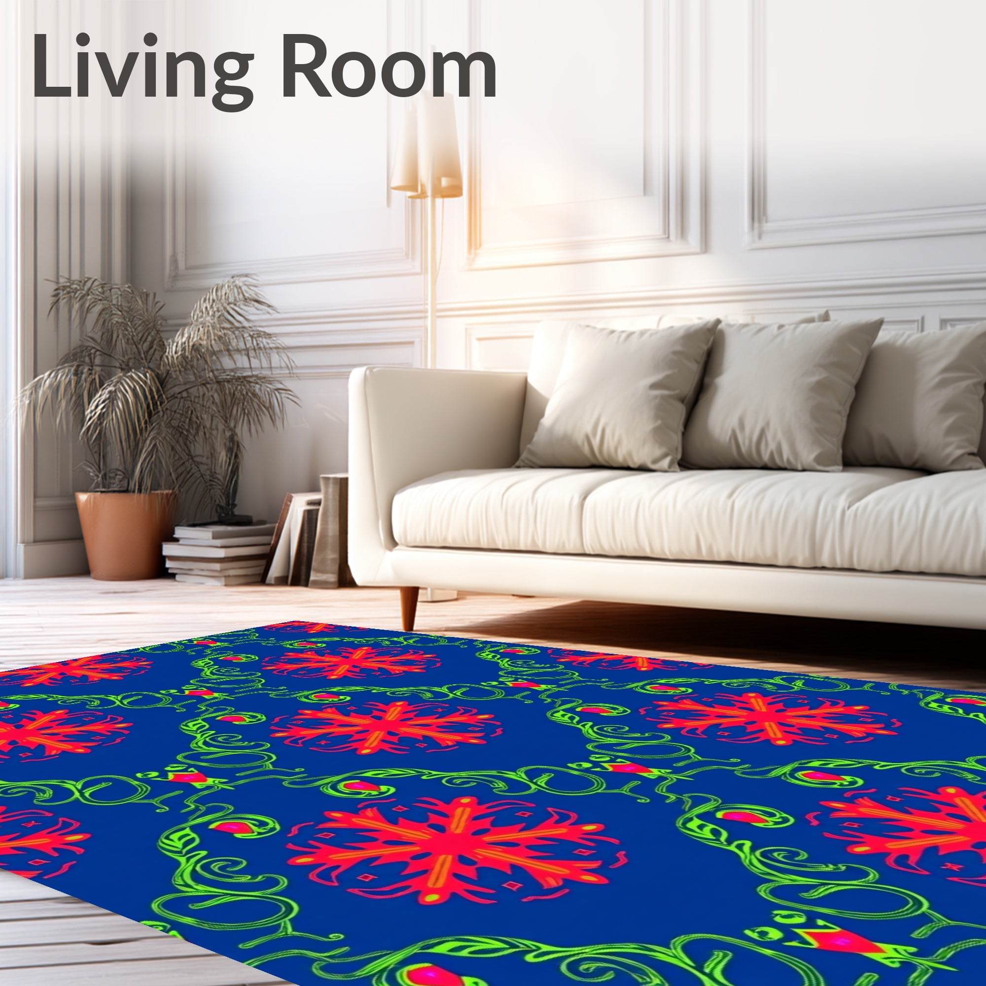 Vibrant Crimson Floral Blue Swirl Rug