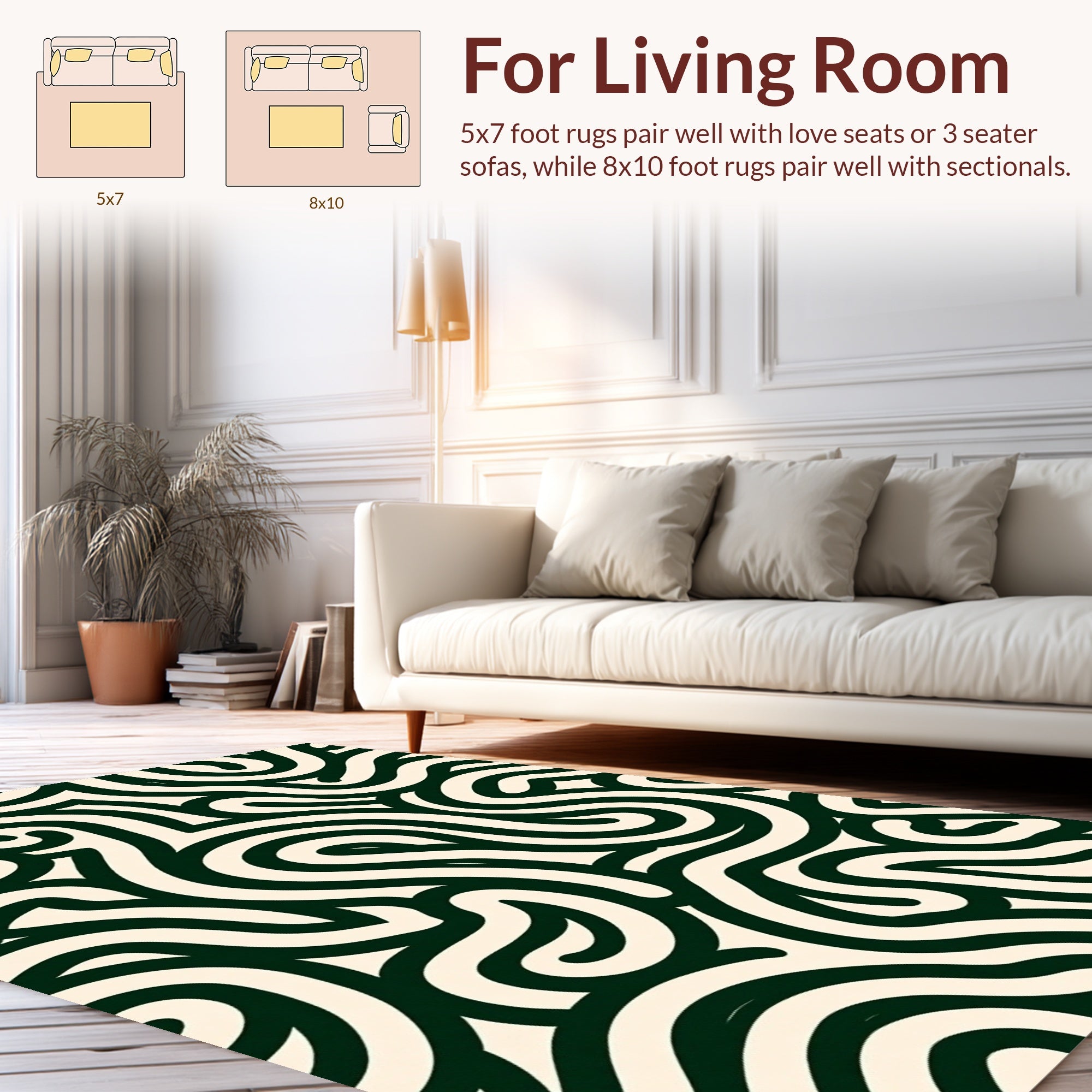 Curved Dark Green Cream Pattern Rug