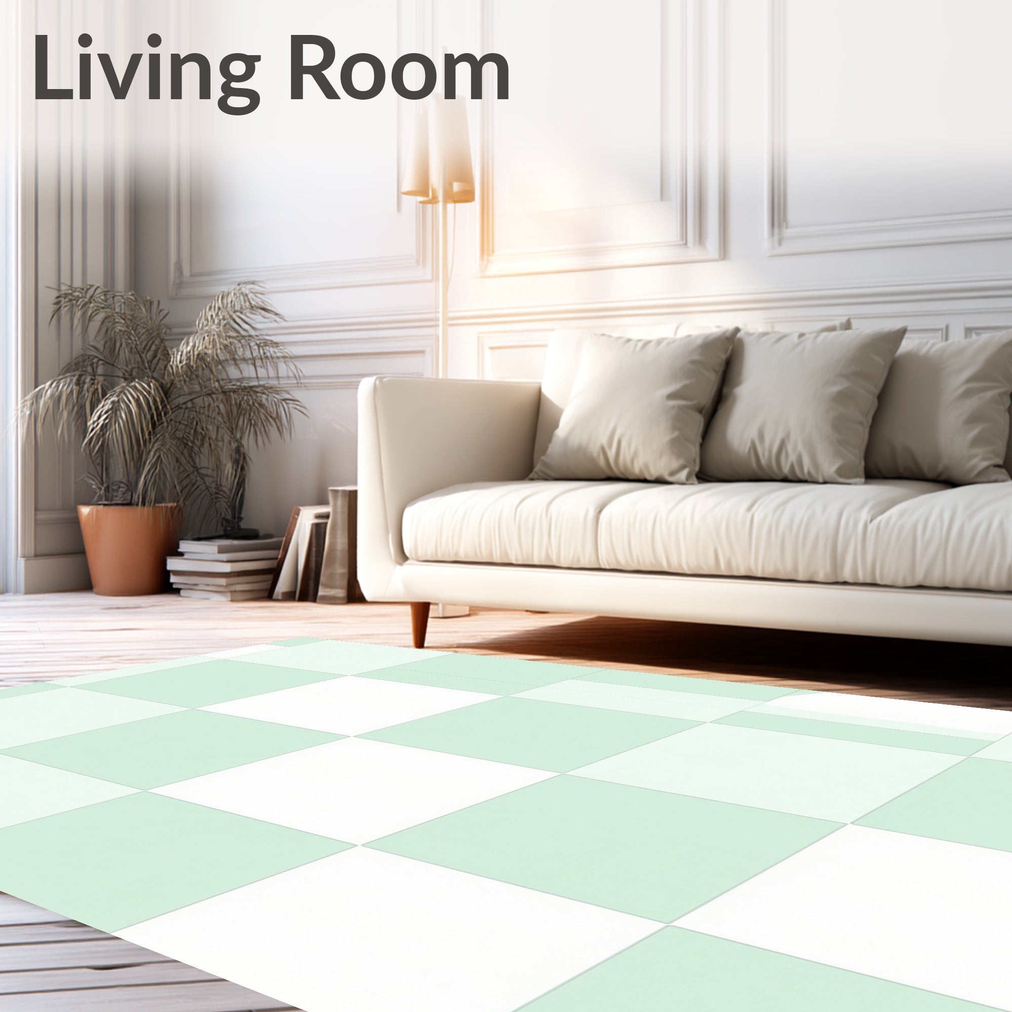 Pale Green White Checkered Grid Rug