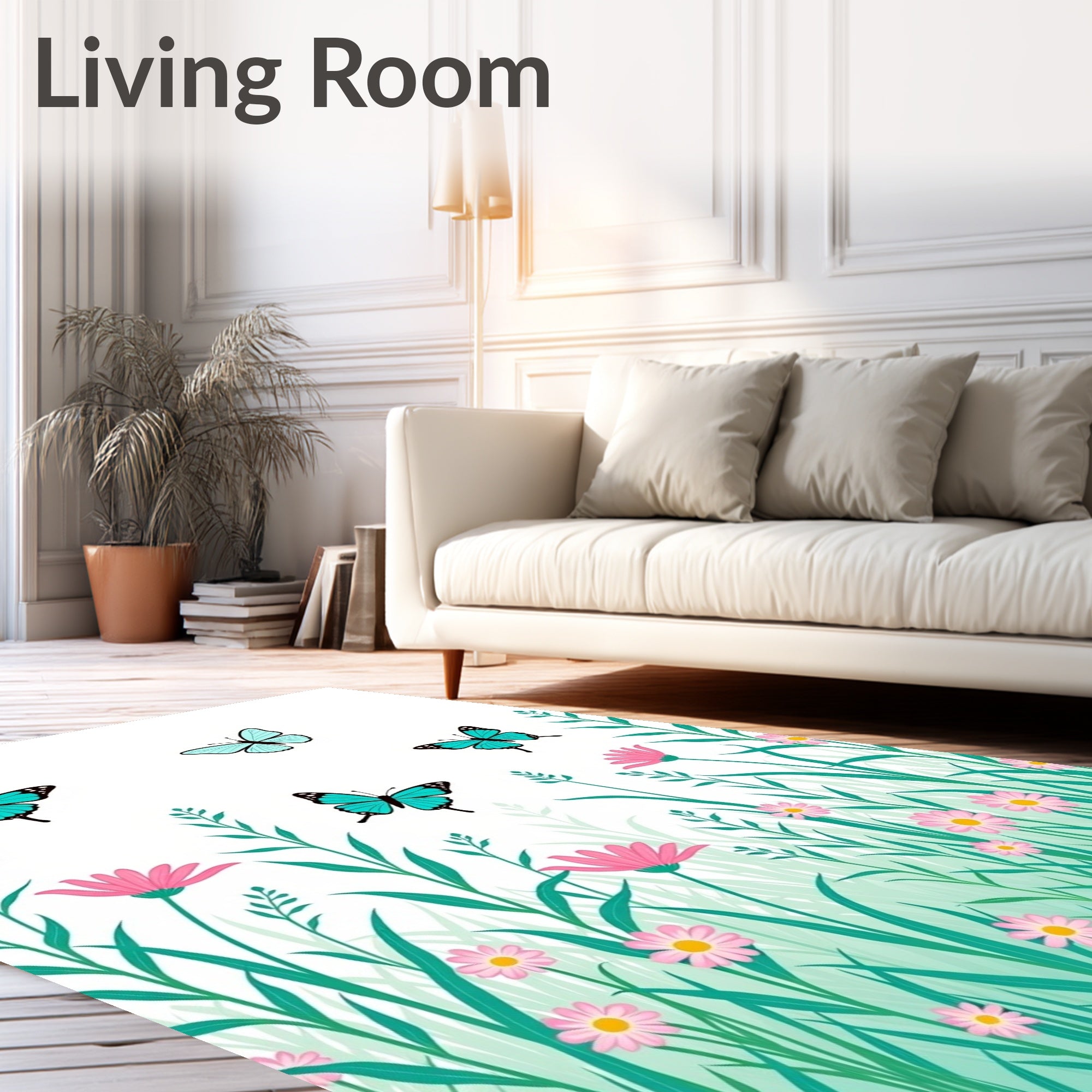 Turquoise Butterflies Garden Scene Rug