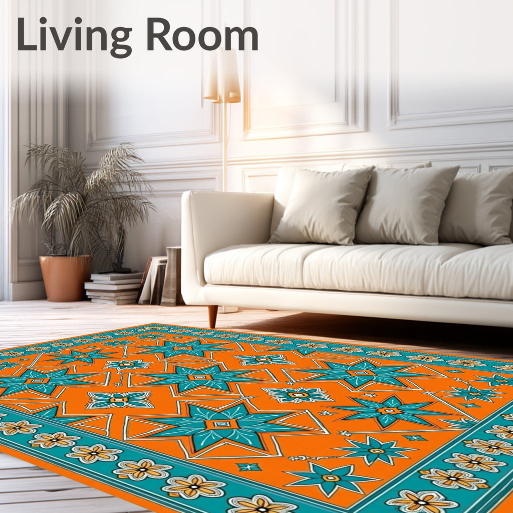 Orange Teal Star Floral Pattern Rug