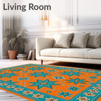 Orange Teal Star Floral Pattern Rug