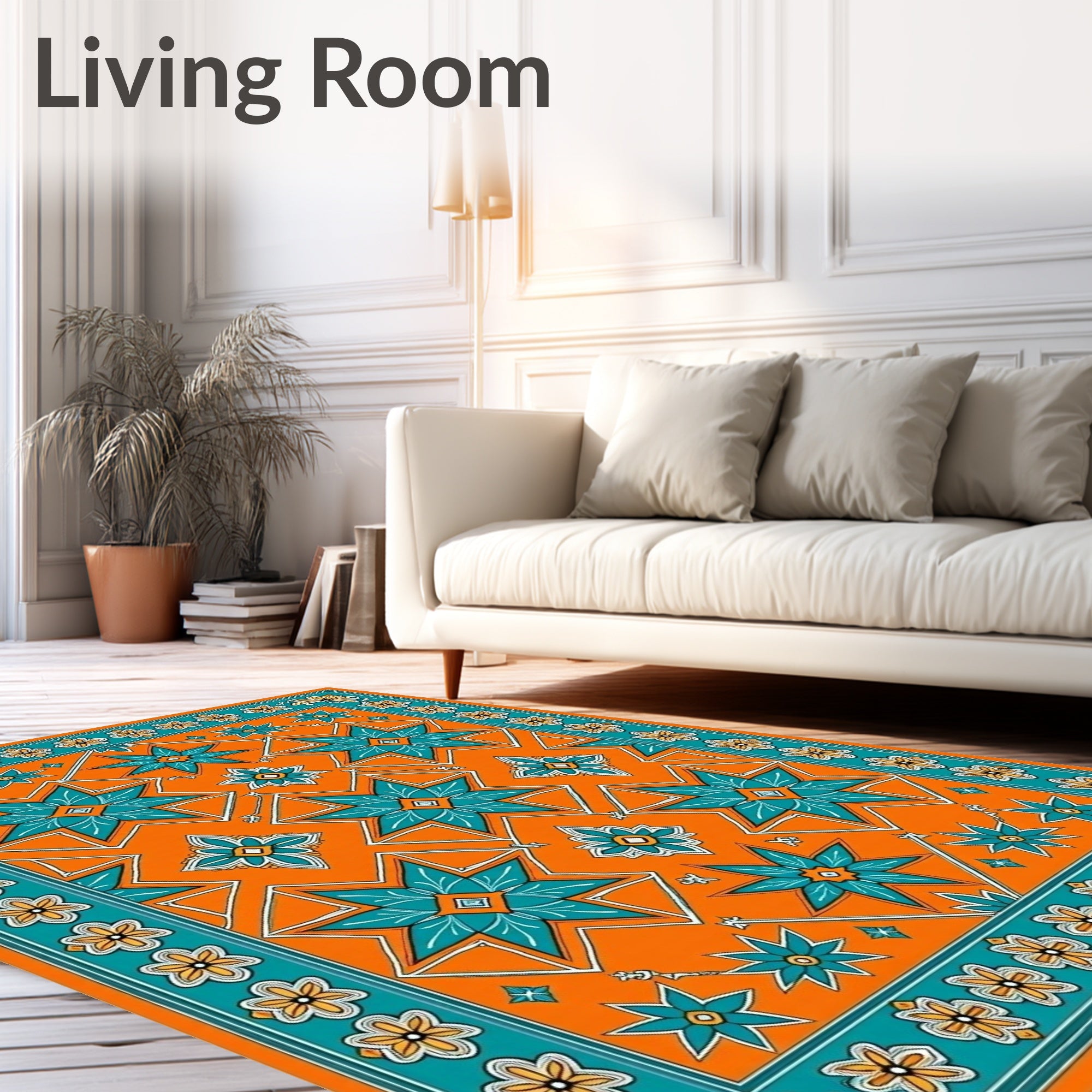 Orange Teal Star Floral Pattern Rug