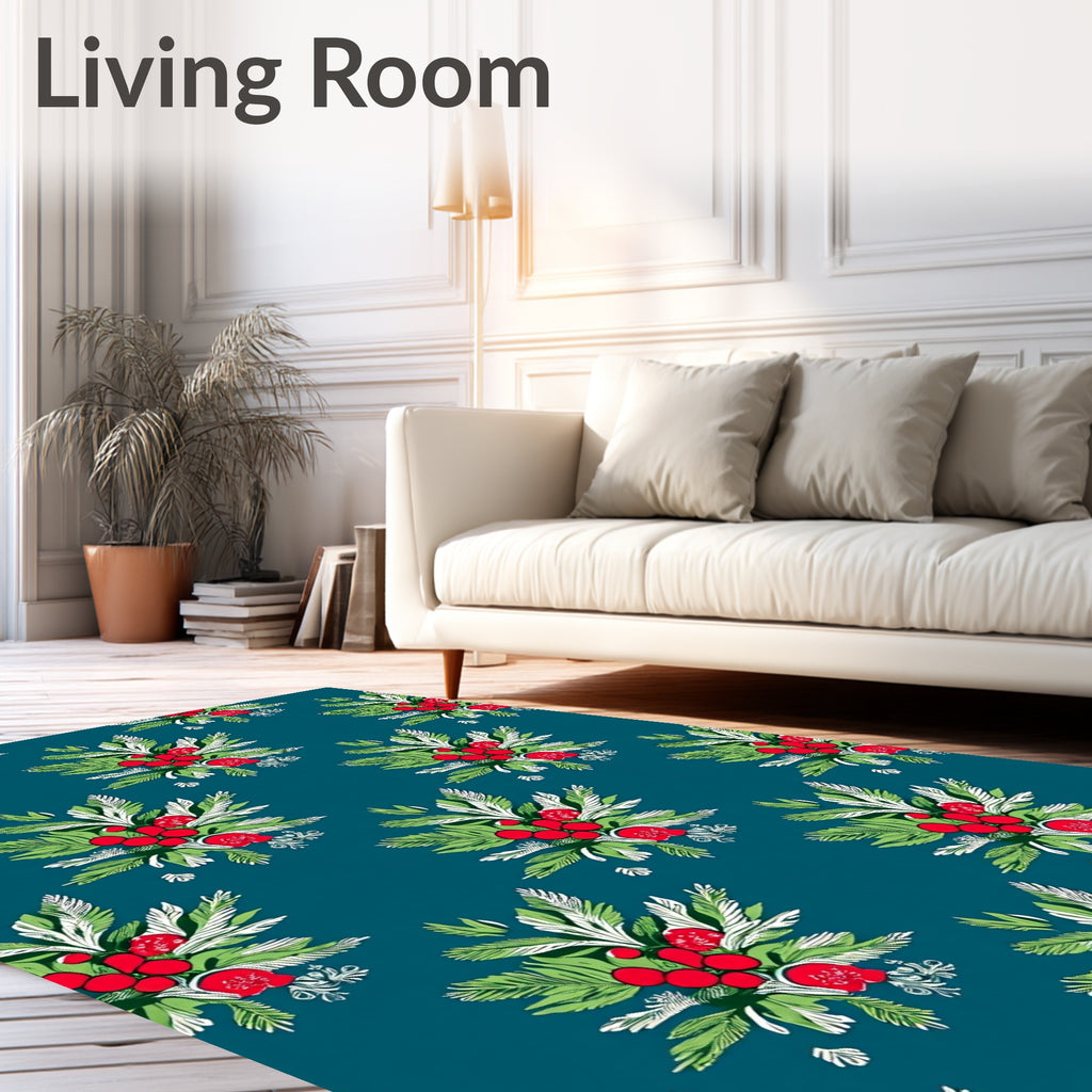 Emerald Teal Red Berry Botanical Bouquet Rug