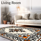 Ornate Black Orange Floral Scroll Rug
