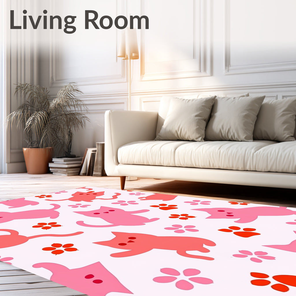 Playful Pink Cat Paw Flower Pattern Rug