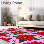 Red Bloom Pattern With Green Leaves Rug