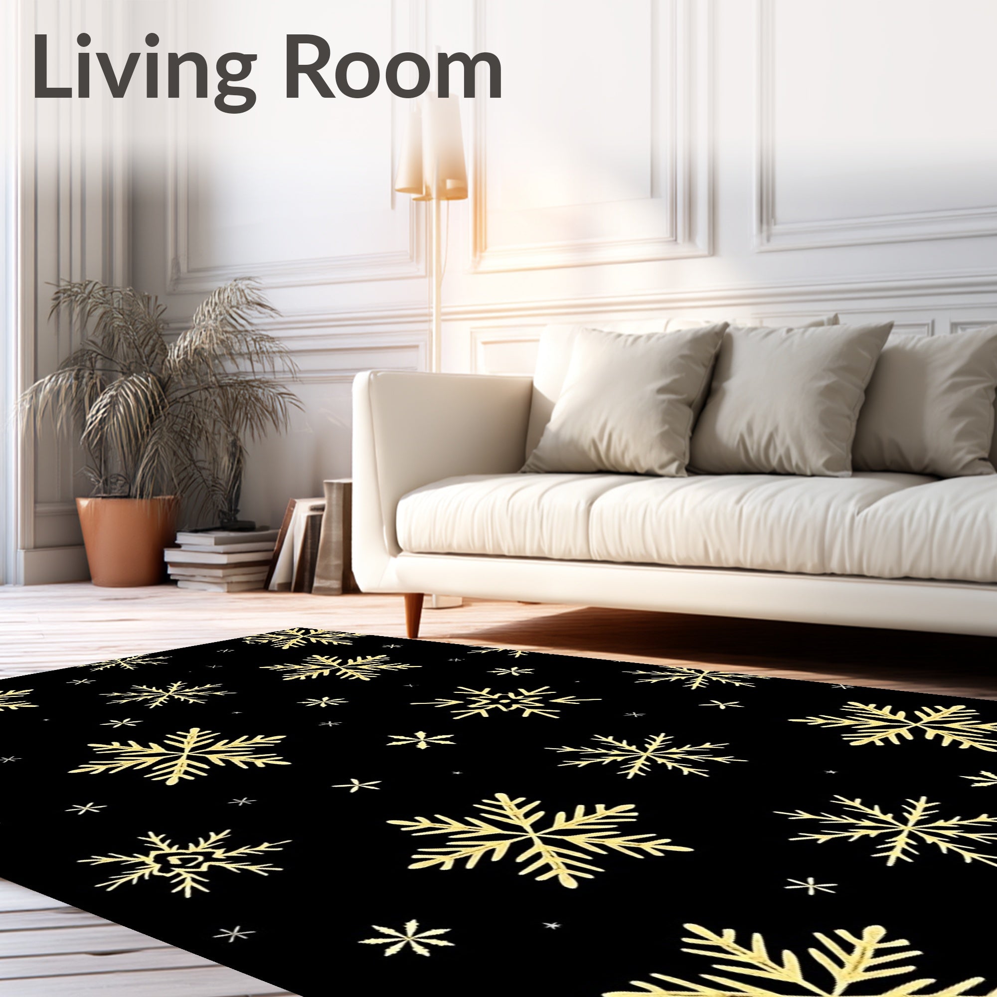 Golden Snowflake Black Winter Rug