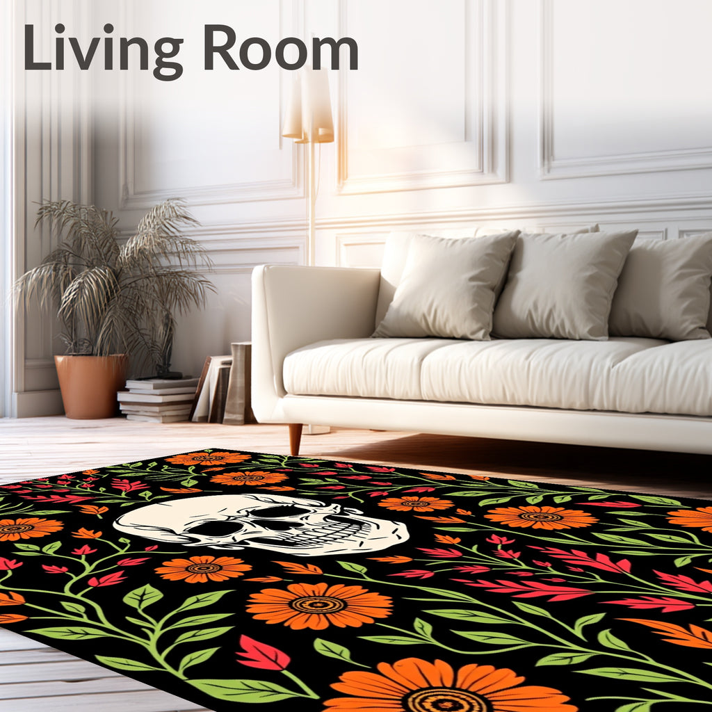 Floral Skull Patterned Dark Rug