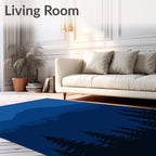 Deep Blue Mountain Forest Scene Rug