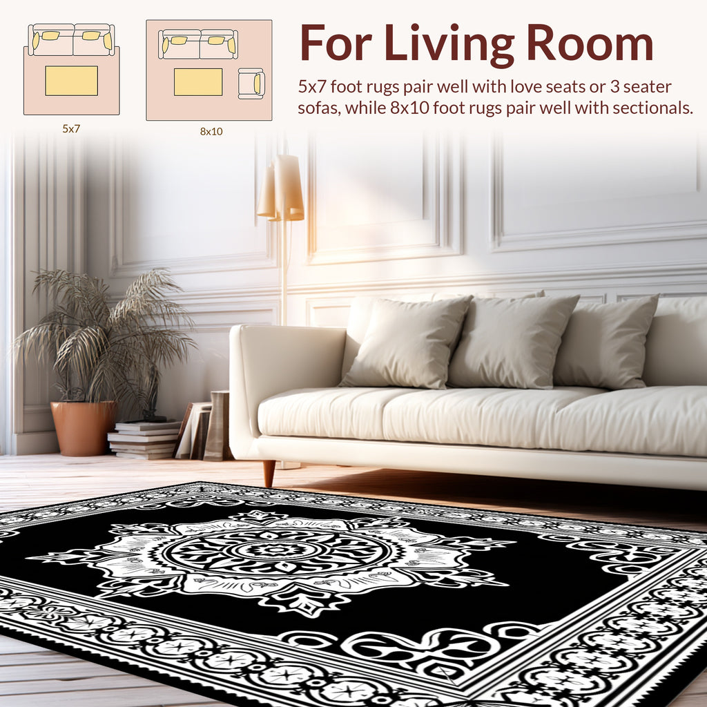 Black White Intricate Mandala Design Rug