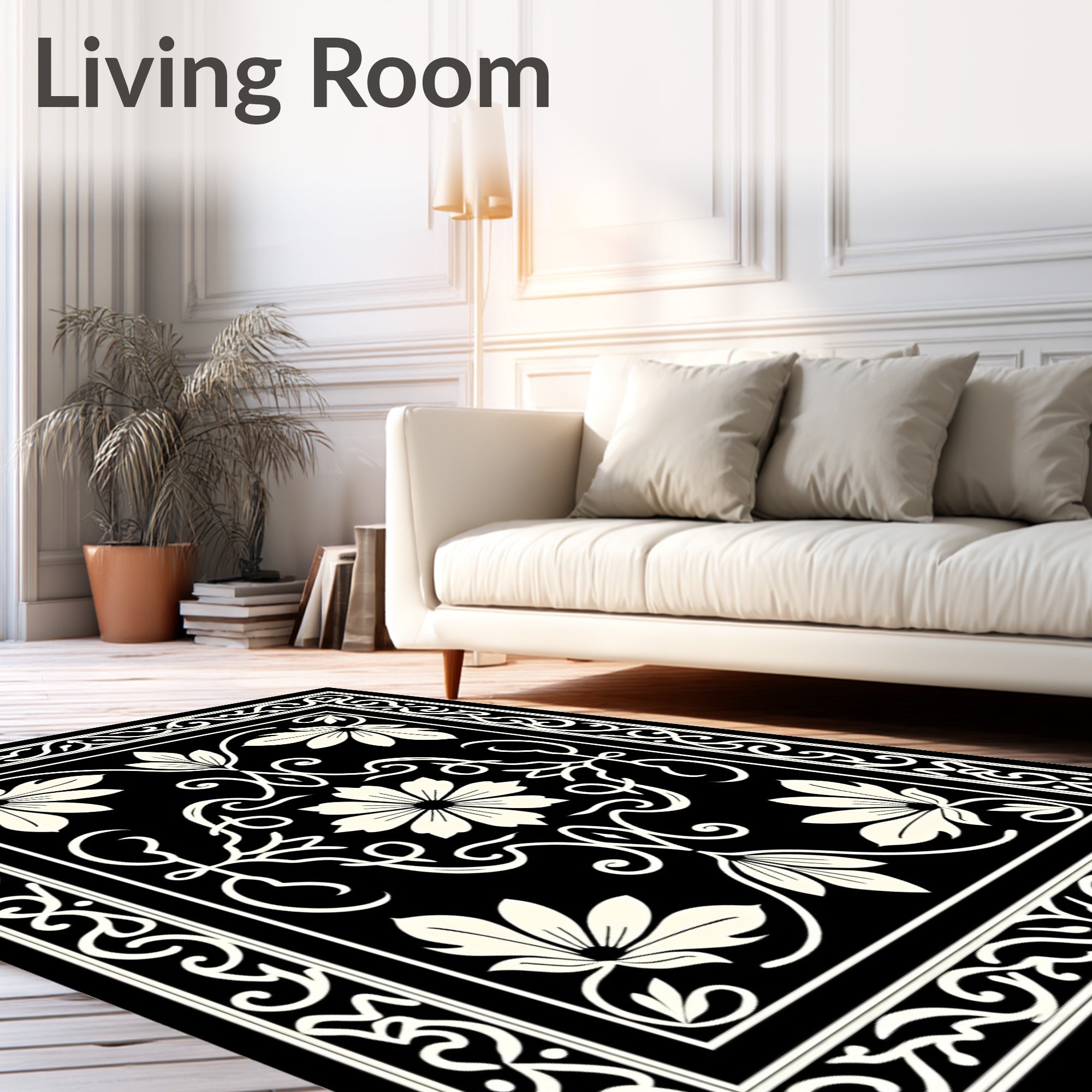 Classic Floral Scrollwork Black Cream Rug
