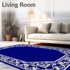 Elegant Blue White Floral Scroll Frame Rug