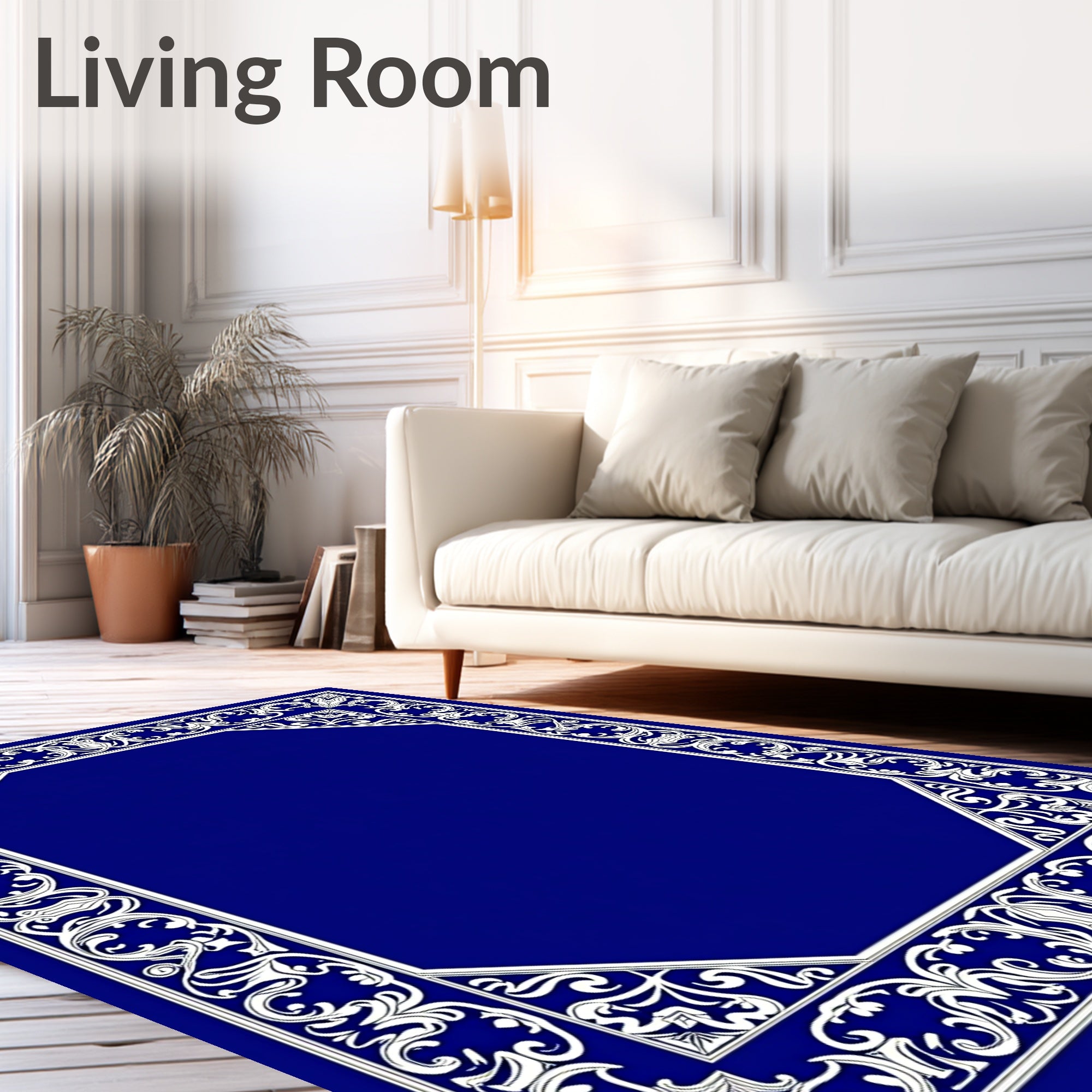 Elegant Blue White Floral Scroll Frame Rug