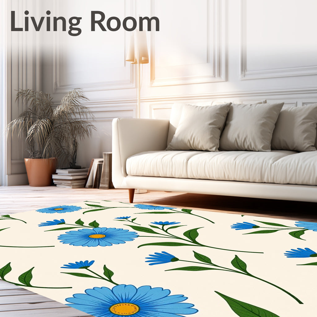 Blue Daisies Botanical Pattern Rug
