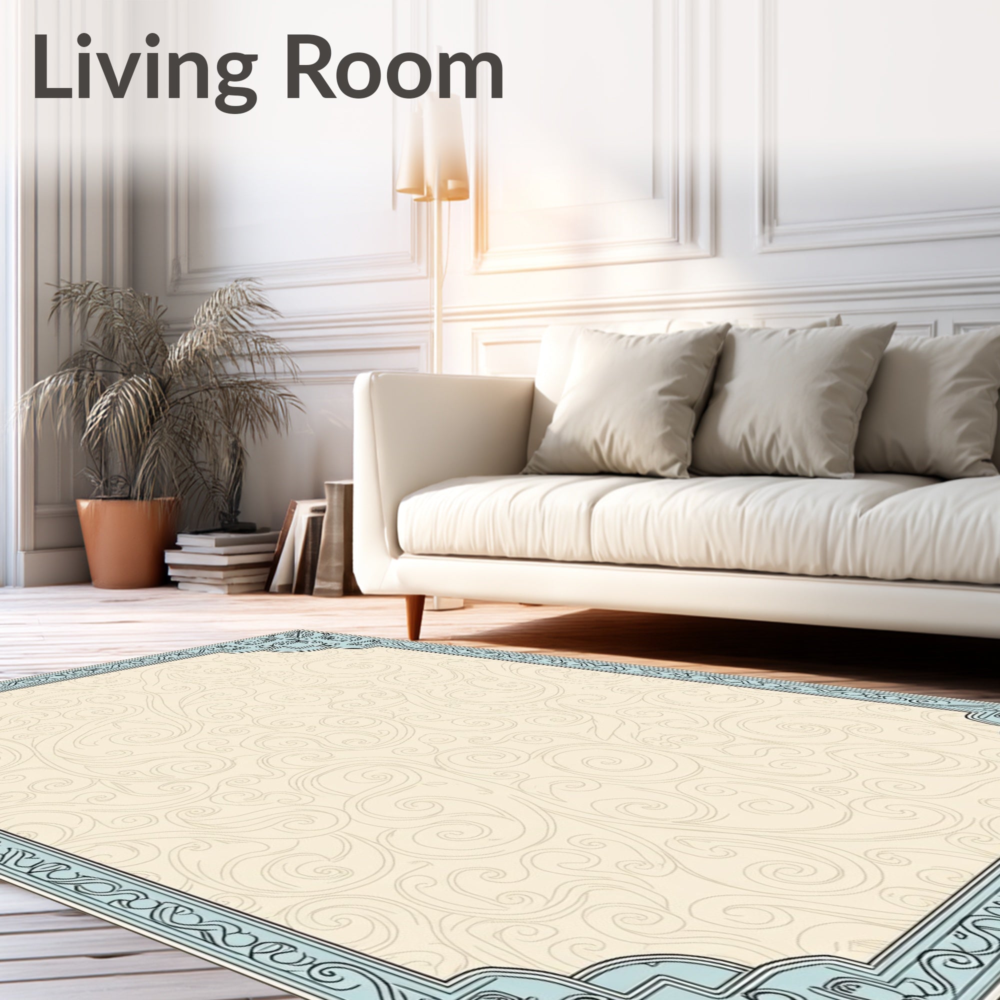 Classic Light Blue Swirl Pattern Frame Rug